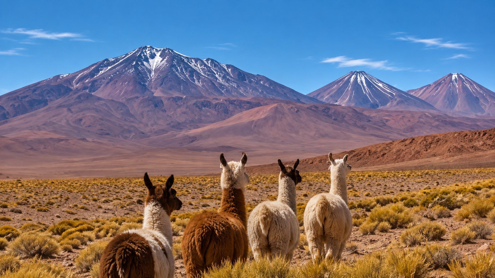 Lhamas caminhando diante dos vulcões do Atacama