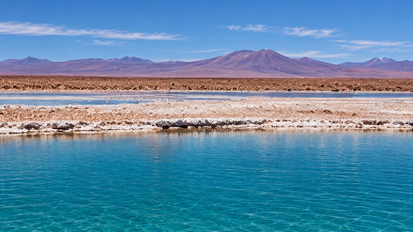 Lagoa azul cercada por crostas de sal no Salar de Atacama