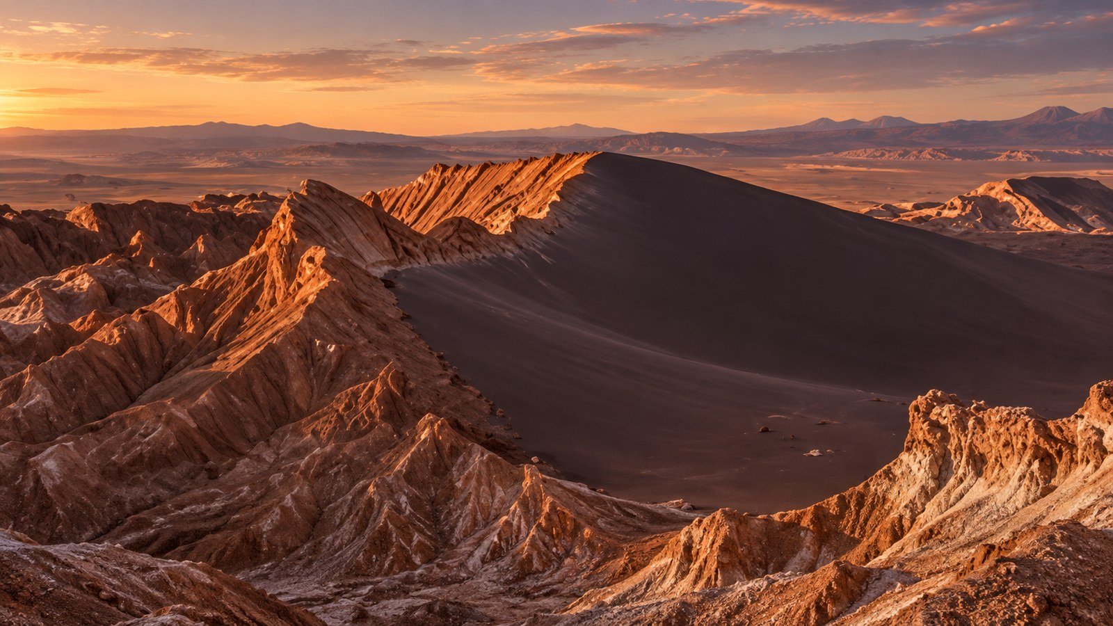 Dunas e cristas rochosas do Valle de la Luna no Atacama